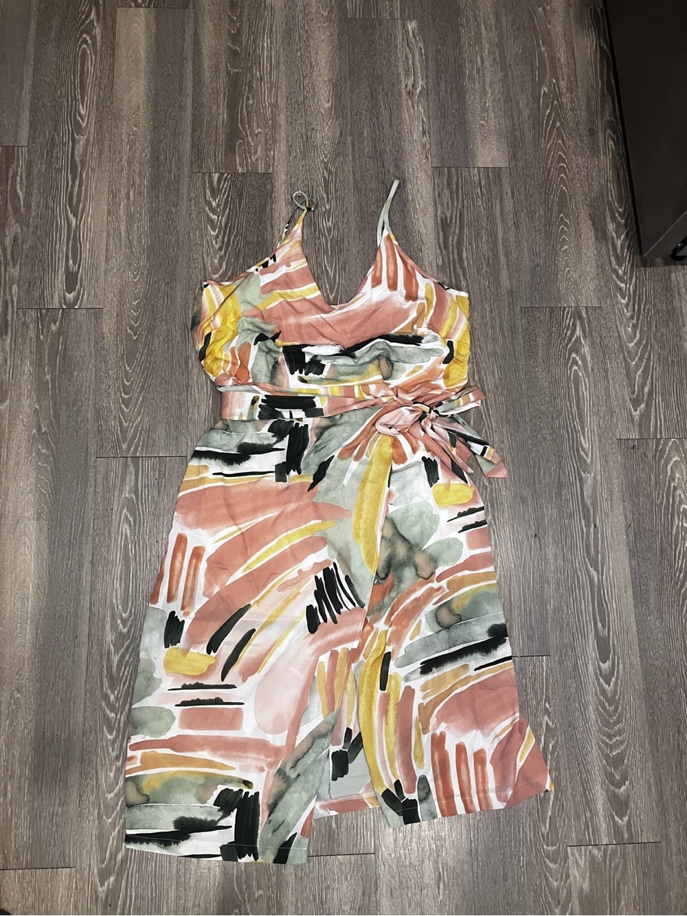 Abstract Watercolor Tie-Waist Mini Dress in Pink & Yellow